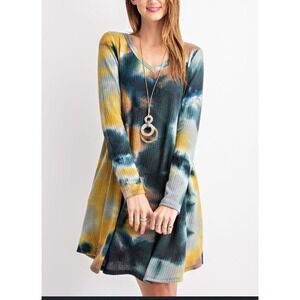 #2202 Rae Mode NWOT Hunter Grey Tie Dye Waffle Long Sleeve Dress Sizes 1X-3X